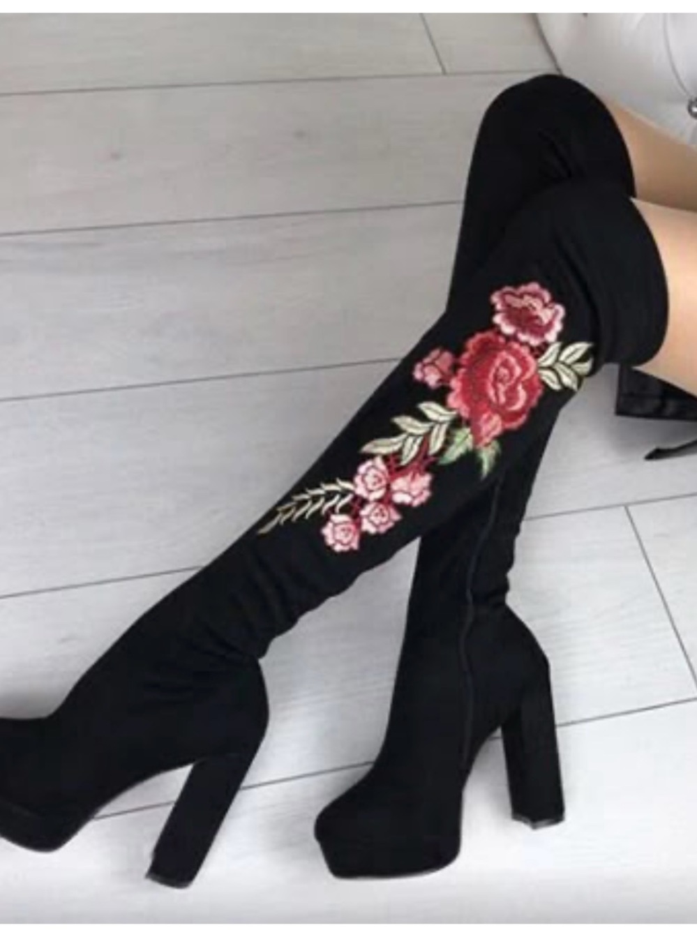 Steve Madden Black Over-the-Knee Boots with Red Rose Embroidery 8.5